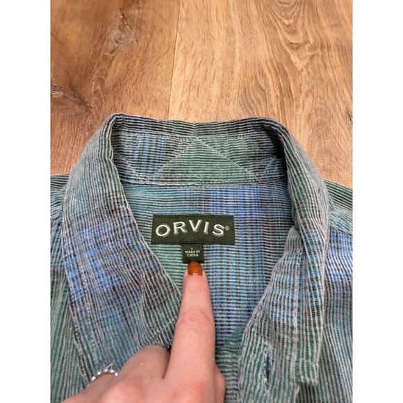 Orvis Mens Green & Blue Plaid Button Up Textured Shirt Size L Cotton - Picture 6 of 7